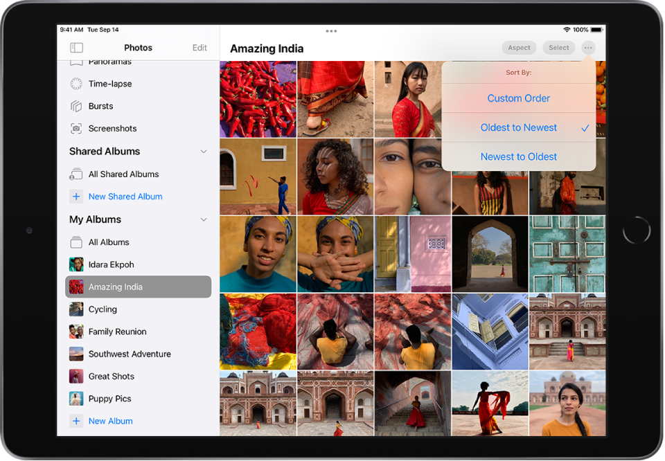 Stranska vrstica Photos je odprta na levi strani zaslona. Pod naslovom My Albums je izbran album z naslovom Amazing India. Preostali del zaslona prikazuje sličice fotografij iz albuma v mreži. V zgornjem desnem kotu zaslona je izbran gumb More in prikazane so možnosti Sort By: Custom Order, Oldest to Newest in Newest to Oldest. Izbrana je možnost Oldest to Newest.