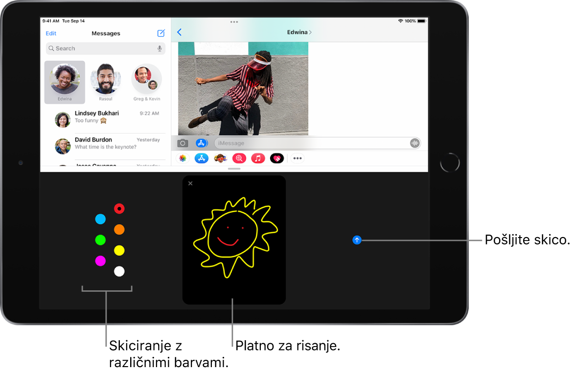 Okno Messages z zaslonom Digital Touch na dnu. Barvne izbire so na levi, platno za risanje je v sredini, gumb Send pa je na desni strani.