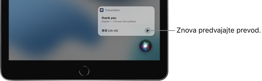 Siri prikaže prevod angleškega izraza hvala v mandarinščino. Gumb na desni strani prevoda omogoča ponovno predvajanje zvočnega posnetka prevoda.