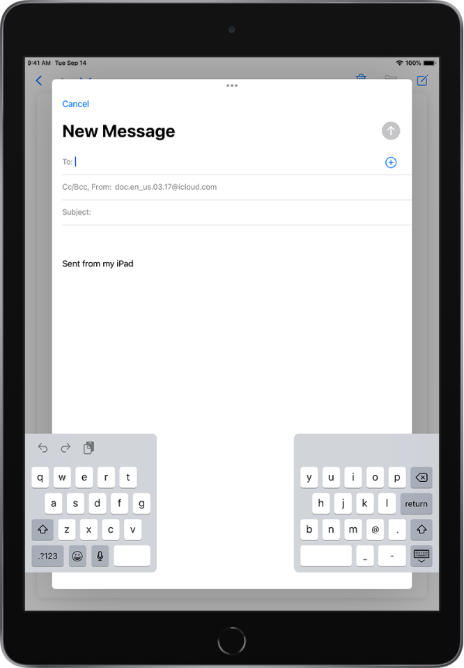 Sestavljanje novega e-poštnega sporočila z razdeljeno tipkovnico, ki ni v vrstici Dock z dna zaslona iPada.