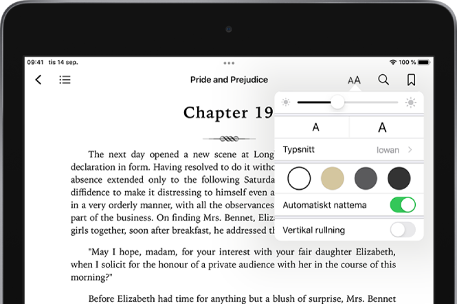 Utseendemenyn i en bok är vald och visar uppifrån och ned reglage för ljusstyrka, typsnittsstorlek, typsnittsstil, sidfärg, automatiskt nattema och rullningsvy.