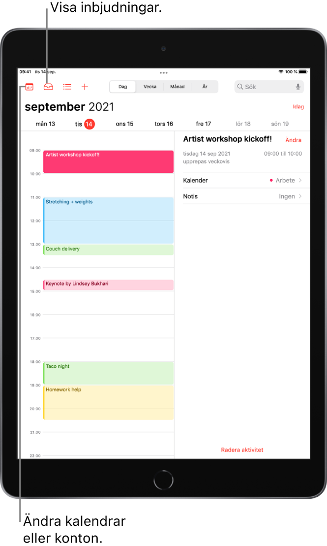 En kalender med dagsvyn öppen. Med knapparna högst upp kan du växla mellan dag-, vecko-, månads- och årsvyerna. Med kalenderknappen högst upp till vänster kan du byta kalender eller konto. Visa inbjudningar genom att trycka på inkorgsknappen nästan högst upp till vänster.