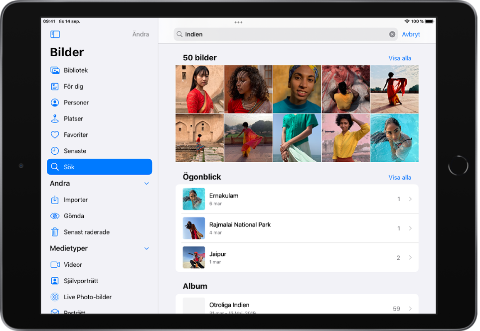 Bilder är öppet i liggande riktning. Till vänster på skärmen finns sidofältet med flikarna Bilder, För dig, Album och Sök. Sök är markerat. Överst på skärmen finns ett sökfält där en plats och datum är angivna. Under sökfältet visas föreslagna sökningar. Ett rutnät med bilder som uppfyller söktermerna visas i mitten av skärmen. Överst till vänster i bildrutnätet visas det total antalet bilder i sökträffarna. Högst upp till höger i bildrutnätet finns knappen Visa alla.