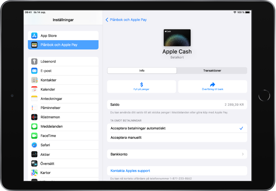 Detaljskärmen för Apple Cash-kortet med Lägg till pengar-knappen och Överför till banken-knappen i mitten till höger ovanför saldot.