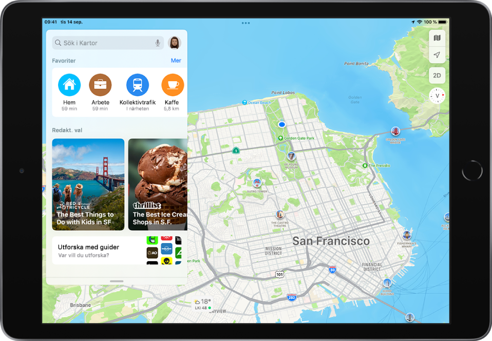 En karta över San Francisco. På vänster sida av skärmen visas sökkortet med Utforska med guider längst ned.