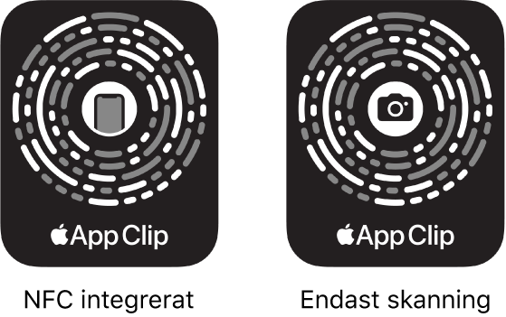 Till vänster finns en NFC-integrerad kod för appklipp med en iPhone-symbol i mitten. Till höger finns en NFC-kod som endast går att skanna med en kamerasymbol i mitten.