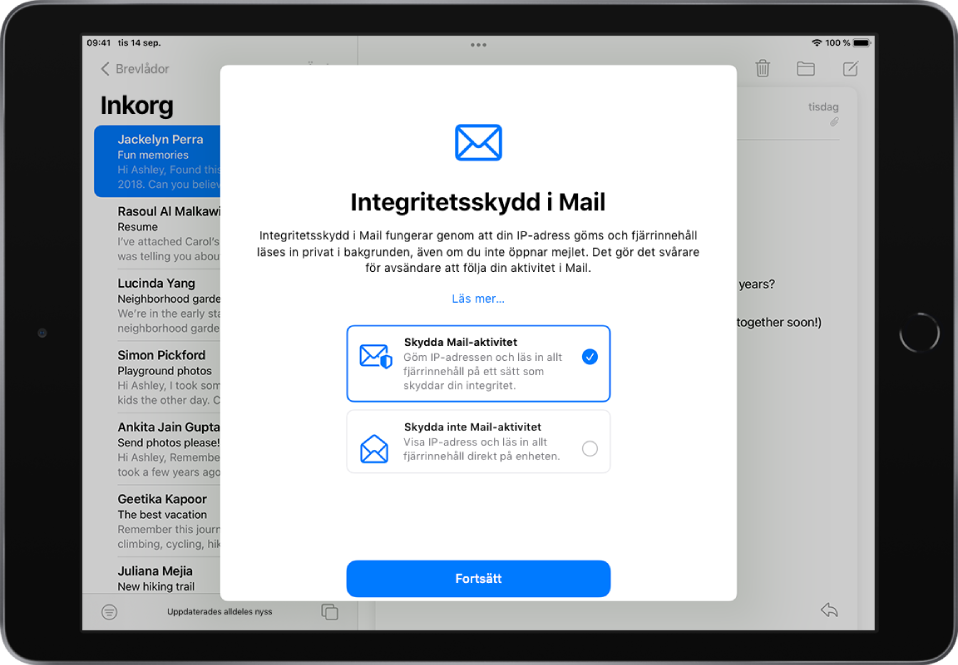 Dialogrutan för inställning av Integritetsskydd i Mail som beskriver funktionerna och erbjuder två alternativ: Skydda Mail-aktivitet och Skydda inte Mail-aktivitet.