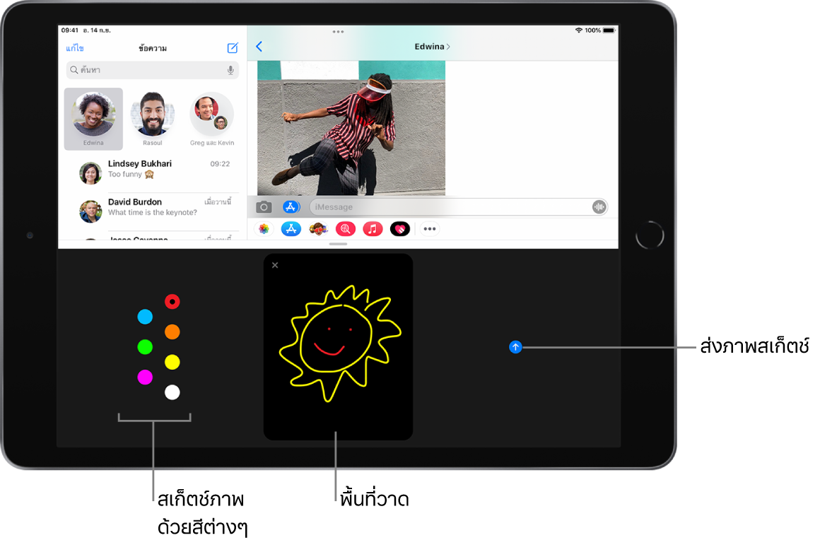 หน้าจอข้อความที่มีหน้าจอ Digital Touch อยู่ด้านล่างสุด ตัวเลือกสีอยู่ด้านซ้าย ผ้าใบวาดภาพอยู่ตรงกึ่งกลาง และปุ่มส่งอยู่ด้านขวา