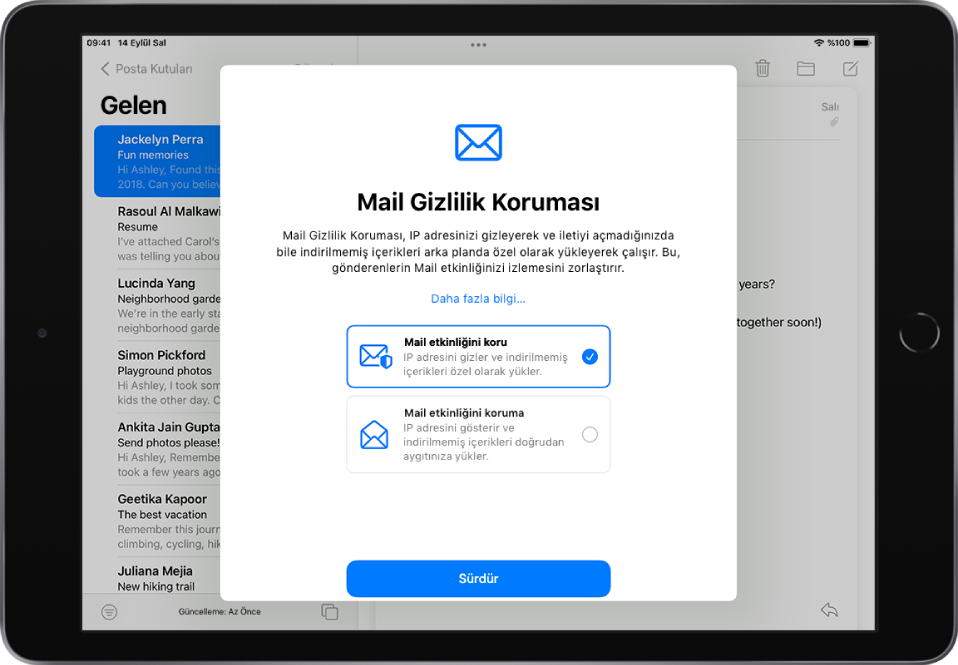 Özellikleri açıklayan ve iki seçenek sunan Mail Gizlilik Koruması ayarlama sorgu kutusu: “Mail etkinliğini koru” ve “Mail etkinliğini koruma”.