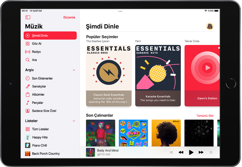 Şimdi Dinle ekranı, sol tarafta kenar çubuğunu sağ tarafta ise Şimdi Dinle bölümünü gösteriyor. Şimdi Dinle bölümünün sağ üst tarafında profil düğmesi var. Onun altında Popüler Seçimler listeleri görünüyor. Popüler Seçimler’in alt tarafında dört albüm gösteren Son Çalınan bölümü var.