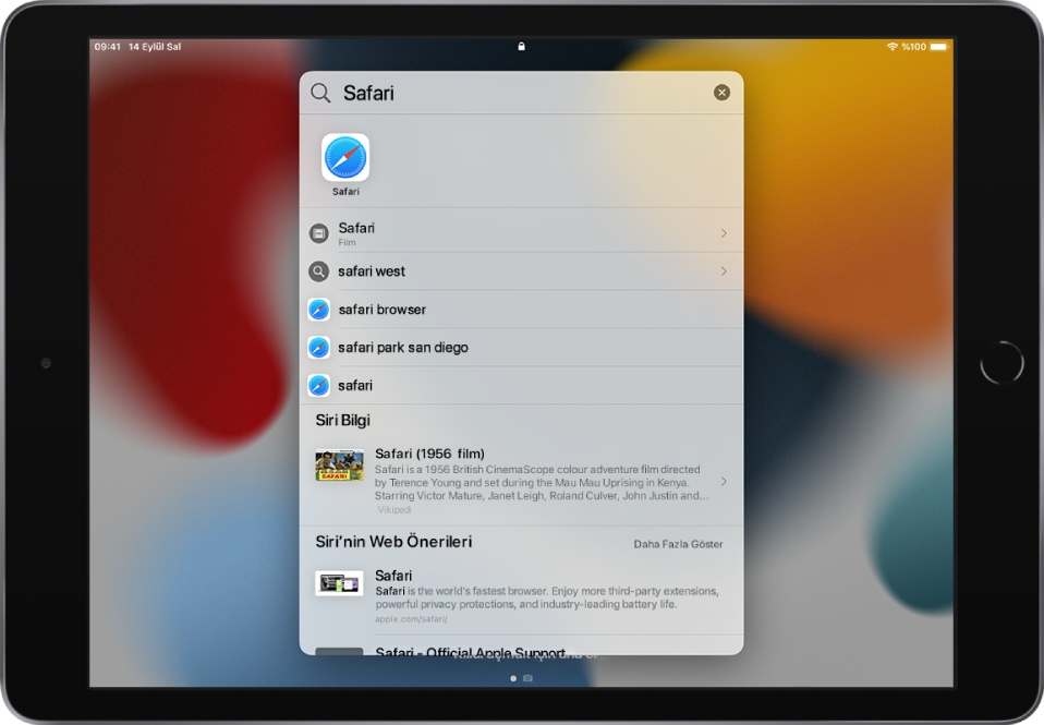 iPad’in, bir aramayı gösteren kilitli ekranı. En üstte “Safari” arama metnini içeren arama alanı ve onun altında hedef metin için bulunan arama sonuçları var.