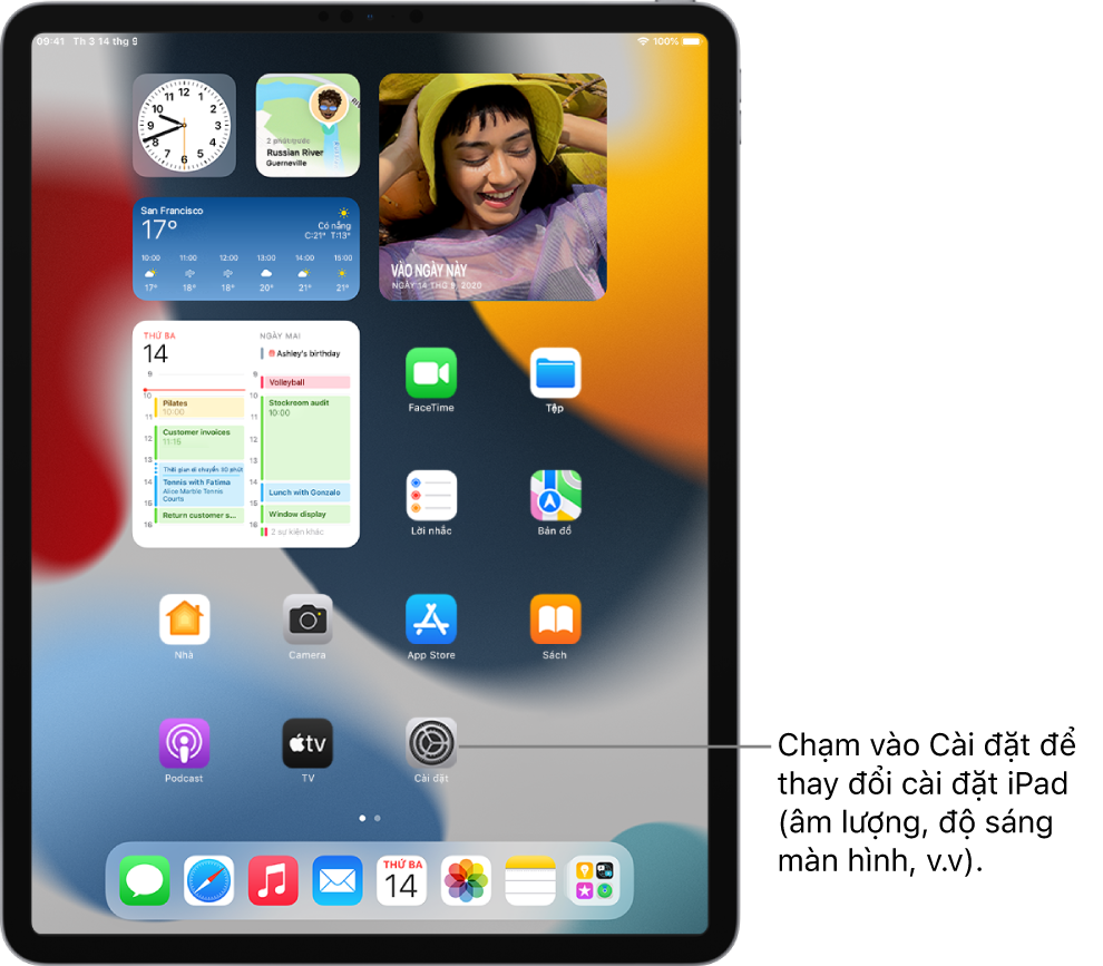 Màn hình chính của iPad với một vài biểu tượng ứng dụng, bao gồm biểu tượng ứng dụng Cài đặt mà bạn có thể chạm để thay đổi âm lượng âm thanh, độ sáng màn hình, v.v của iPad.