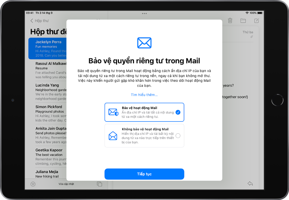 Hộp thoại thiết lập Bảo vệ quyền riêng tư trong Mail mô tả các tính năng và cung cấp hai tùy chọn: “Bảo vệ hoạt động mail” và “Không bảo vệ hoạt động mail”.