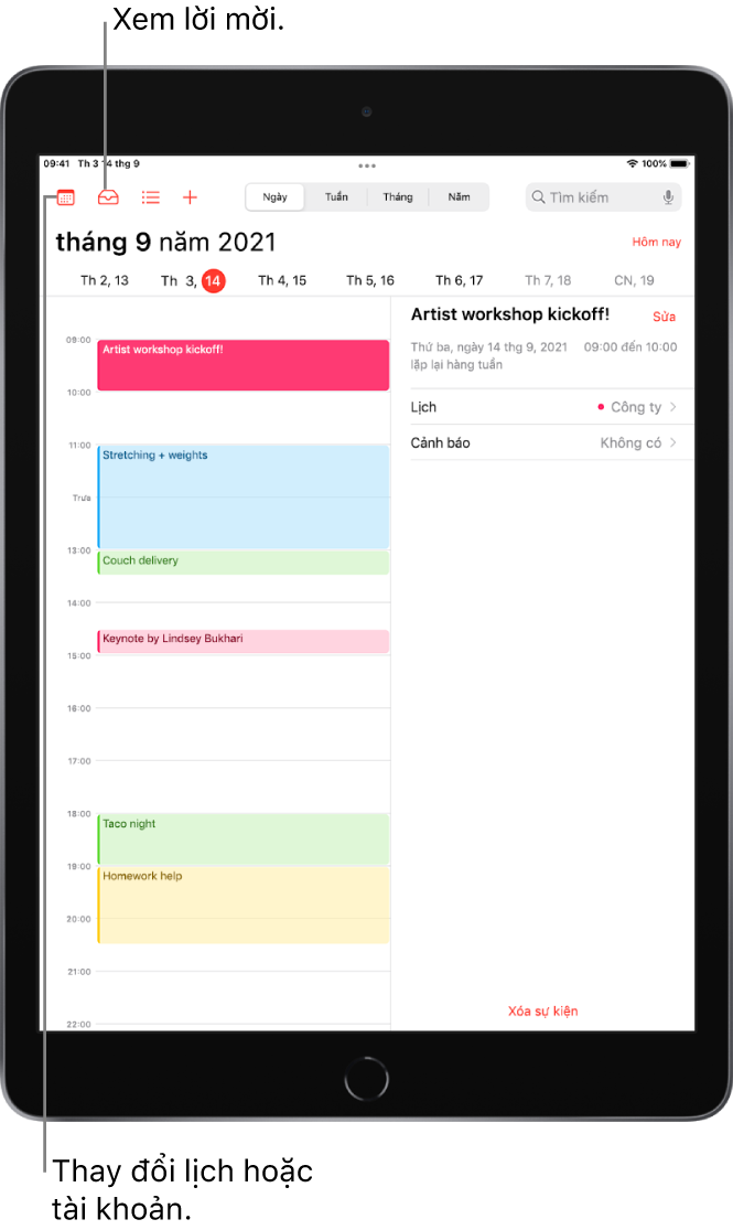 Lịch trong chế độ xem ngày. Các nút ở trên cùng ở giữa cho phép bạn thay đổi chế độ xem giữa Ngày, Tuần, Tháng và Năm. Nút Lịch ở trên cùng bên trái cho phép bạn thay đổi lịch hoặc tài khoản. Nút Hộp thư đến ở gần trên cùng bên trái cho phép bạn xem lời mời.
