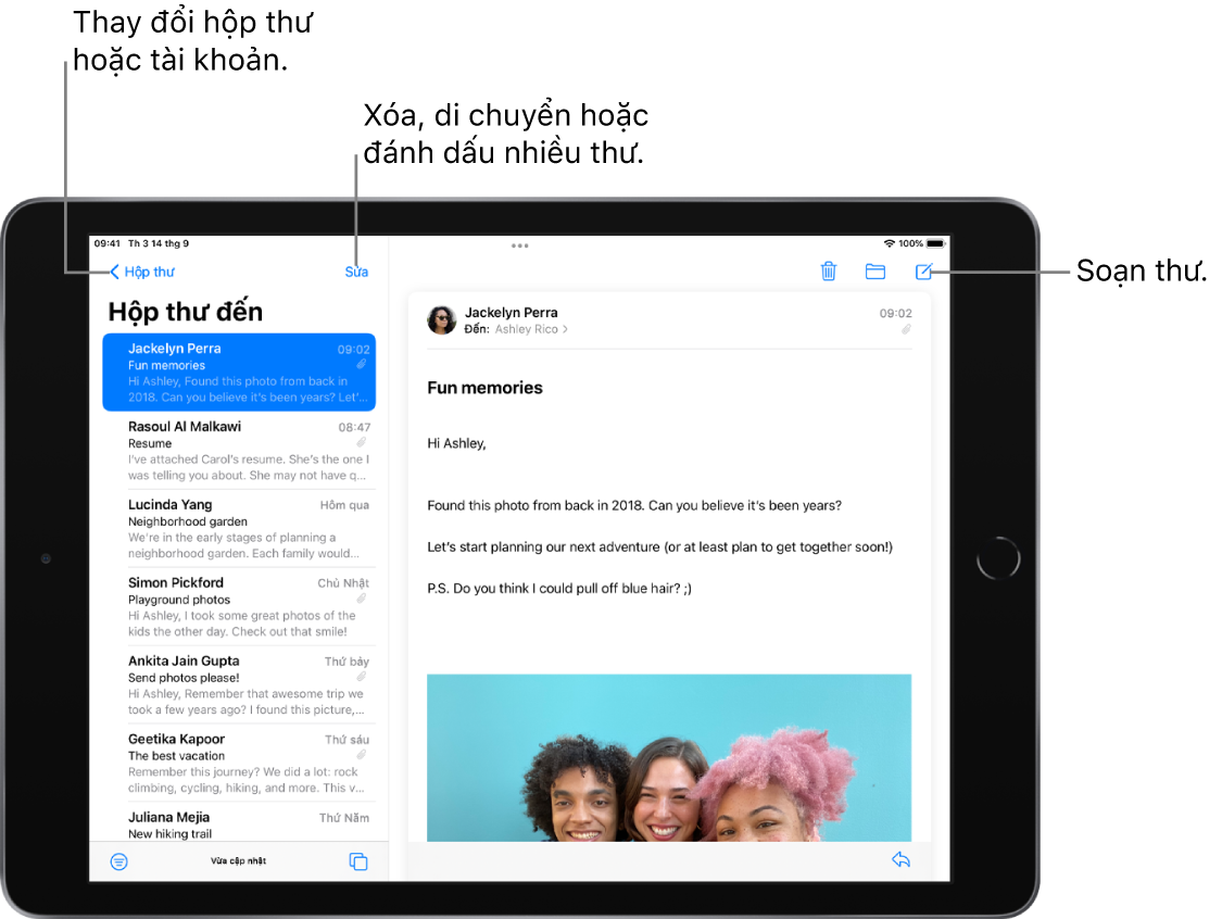 Hộp thư đến Mail, với một danh sách các email ở bên trái và một luồng email được mở ở bên phải. Nút Hộp thư để chuyển đổi sang một hộp thư khác nằm ở góc trên cùng bên trái. Nút để lọc các email để chỉ hiển thị những loại email nhất định nằm ở góc dưới cùng bên trái. Nút soạn email mới nằm ở góc trên cùng bên phải.