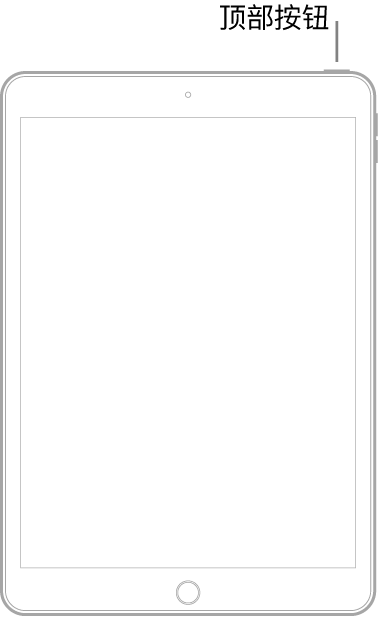 配备主屏幕按钮的 iPad 机型插图。右侧边缘附近显示顶部按钮。