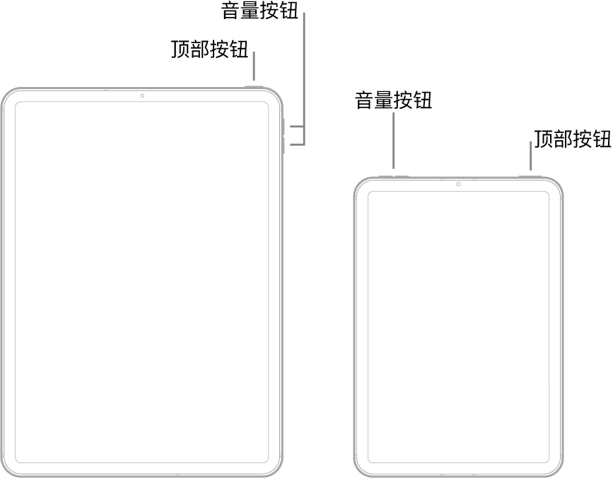 两种不同机型的 iPad 插图，屏幕均朝上。最左边的插图显示调高音量和调低音量按钮位于设备右侧。右侧边缘附近显示顶部按钮。最右边的插图显示调高音量和调低音量按钮位于设备顶部，靠近左侧边缘。右侧边缘附近显示顶部按钮。