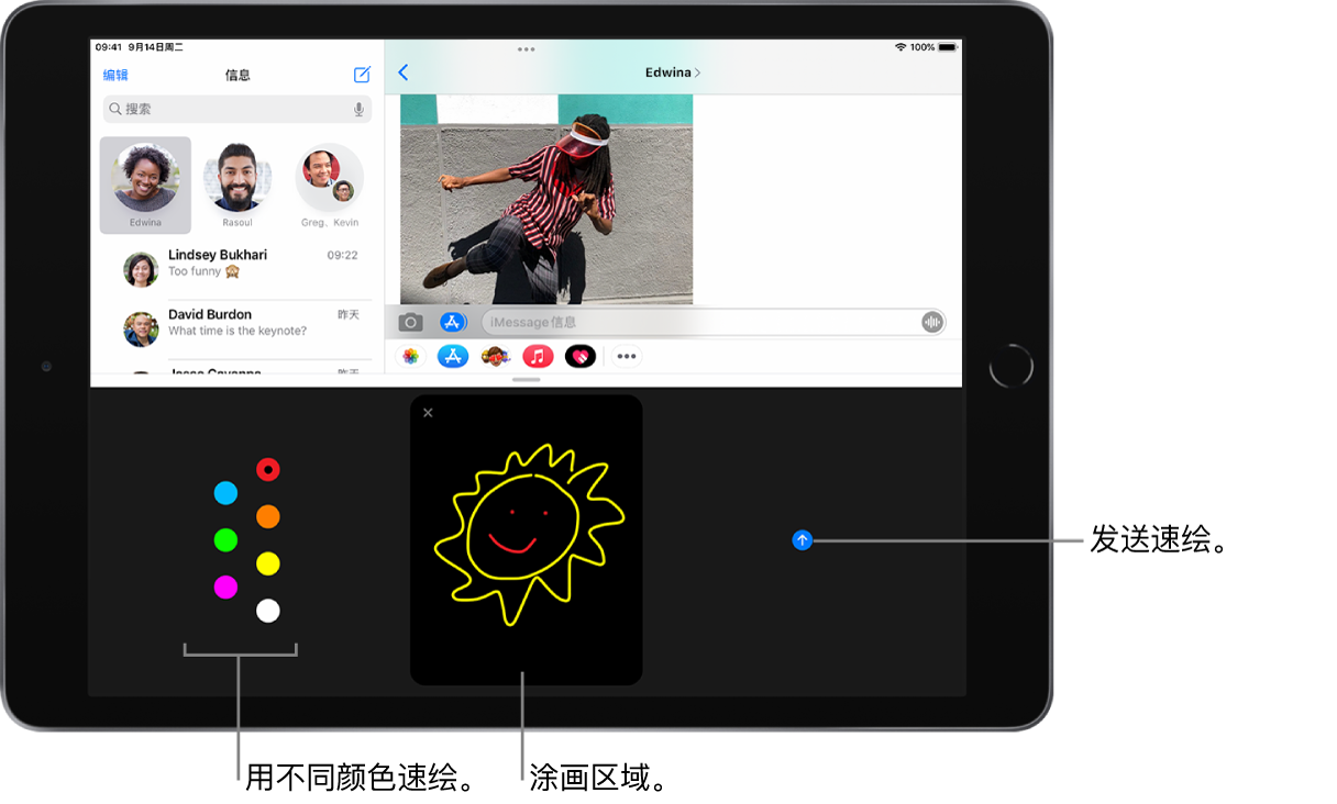“信息”屏幕，“数码点触”屏幕位于底部。左侧是颜色选择，中间是涂画区域，右侧是发送按钮。