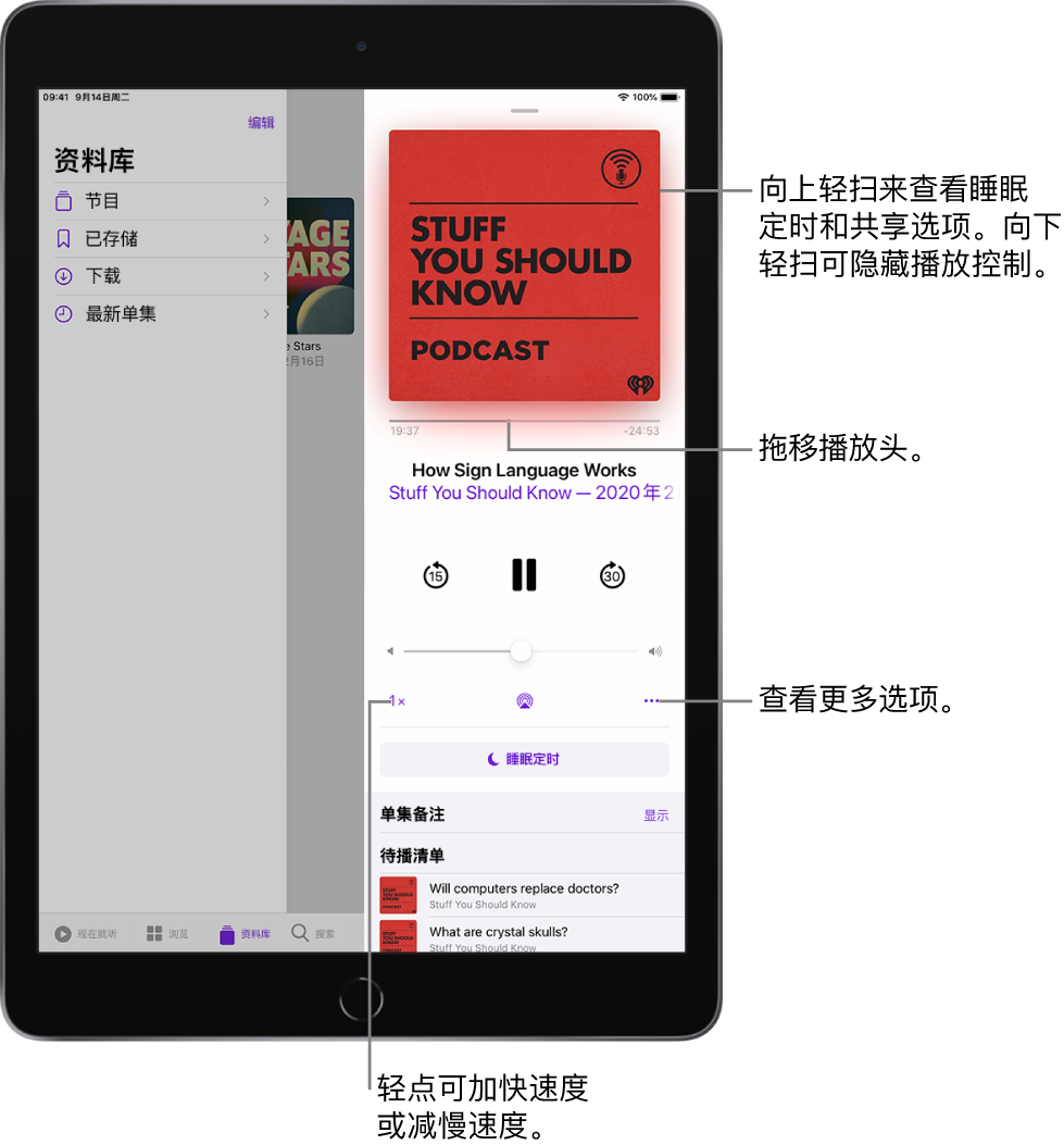 播客播放控制位于屏幕右侧。中间是用于播放或暂停播放播客的控制。再下方是音量控制。屏幕的顶部是用于在播客中倒回或前移的滑块。左下角是用于更改播放速度的控制。右下角是“更多”按钮。