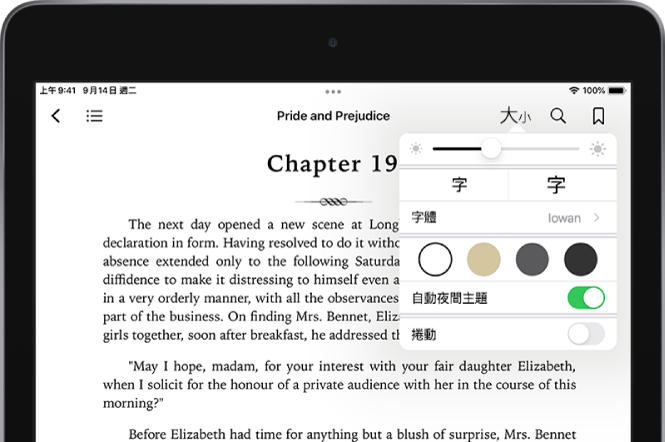 書籍中已選取外觀選單，由上至下顯示亮度、字體大小、字體樣式、頁面顏色、自動夜間主題和捲動顯示方式的控制項目。