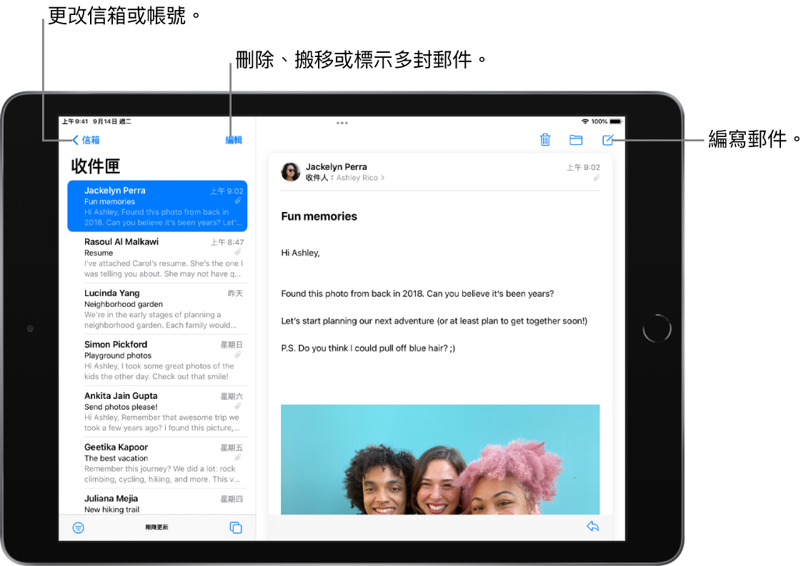「郵件」的收件匣，電子郵件列表位於左側，右側是打開的電子郵件討論串。切換至其他信箱的「信箱」按鈕位於左上角。用於過濾電子郵件以便只顯示特定種類電子郵件的按鈕位於左下角。編寫新電子郵件的按鈕位於右上角。