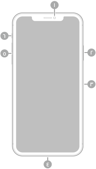 عرض للجزء الأمامي من iPhone 11 Pro Max. توجد الكاميرا الأمامية في أعلى المنتصف. على الجانب الأيمن، من الأعلى إلى الأسفل، يوجد الزر الجانبي وحامل بطاقة SIM. يوجد موصل Lightning في الأسفل. على الجانب الأيسر، من الأسفل إلى الأعلى، يوجد زرا مستوى الصوت ومفتاح رنين/صامت.