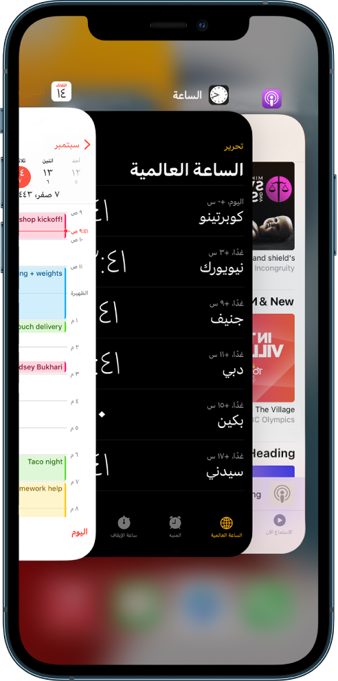 مُبدّل التطبيق. تظهر أيقونات التطبيقات المفتوحة في الجزء العلوي، وتظهر الشاشة الحالية لكل تطبيق تحت أيقونته.