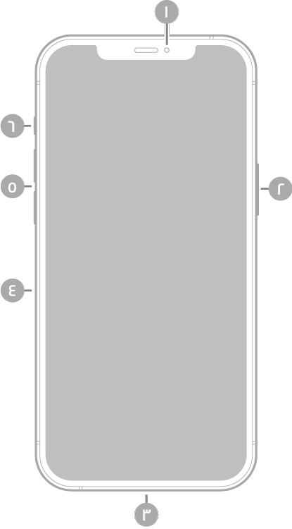 عرض للجزء الأمامي من iPhone 12 Pro Max. توجد الكاميرا الأمامية في أعلى المنتصف. ويوجد الزر الجانبي على الجانب الأيمن. يوجد موصل Lightning في الأسفل. على الجانب الأيسر، من الأسفل إلى الأعلى، يوجد حامل بطاقة SIM وزرا مستوى الصوت ومفتاح رنين/صامت.