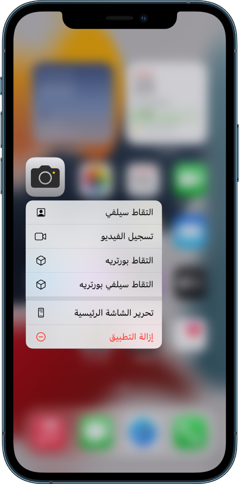 الشاشة الرئيسية باهتة، وتظهر عليها قائمة الإجراءات السريعة للكاميرا أسفل تطبيق الكاميرا.