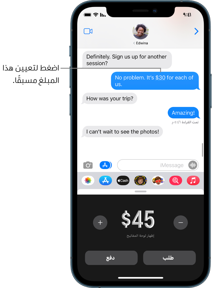 محادثة iMessage ويظهر بها تطبيق Apple Pay مفتوحًا في الجزء السفلي.