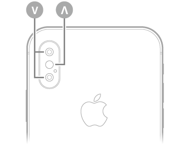 عرض للجزء الخلفي من الـ iPhone XS. توجد الكاميرات الخلفية والفلاش في أعلى اليسار.