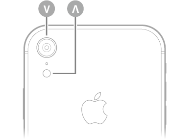 عرض للجزء الخلفي من الـ iPhone XR. توجد الكاميرا الخلفية والفلاش في أعلى اليسار.