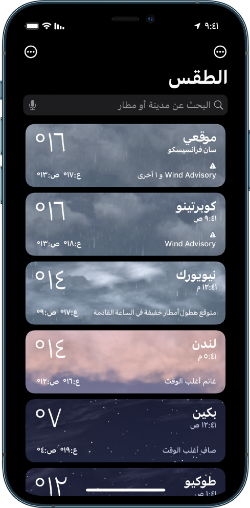 قائمة بالمدن توضح الوقت ودرجة الحرارة الحالية والتوقعات ودرجات الحرارة العظمى والصغرى لكل مدينة. في الجزء العلوي من الشاشة يوجد حقل البحث وفي الزاوية العلوية اليسرى يوجد زر المزيد.
