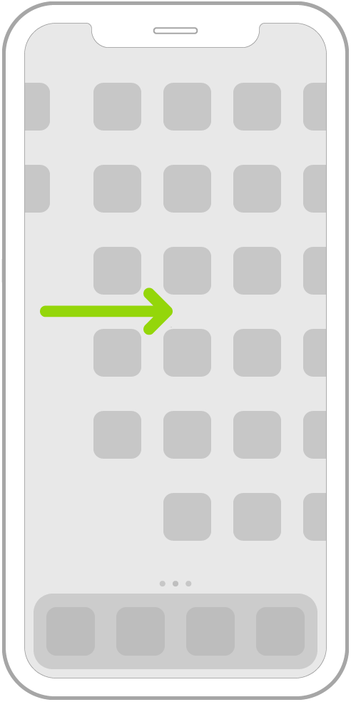 رسم توضيحي يعرض التحريك لليمين لتصفح التطبيقات الموجودة على صفحات الشاشة الرئيسية.