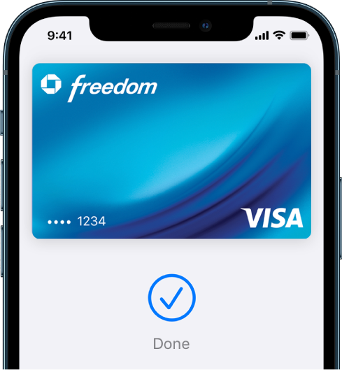 Кредитна карта в екрана на Wallet (Портфейл). Под картата има отметка и думата „Done” („Готово”).