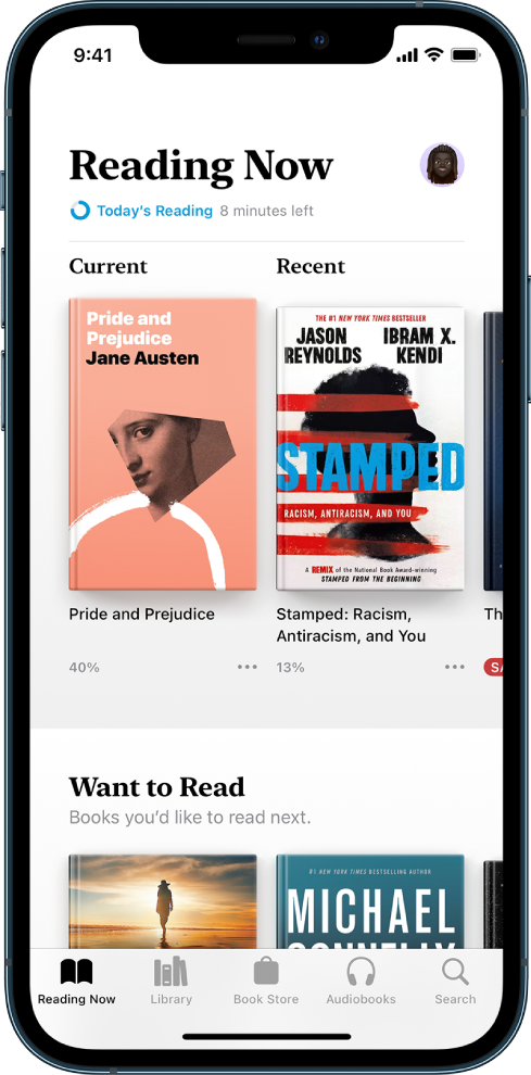 Екранът Reading Now (Четени в момента) в приложението Books (Книги). В долния край на екрана, от ляво надясно, са етикетите Reading Now (Четени в момента), Library (Библиотека), Book Store, AudioBooks (Аудио книги) и Search (Търсене).