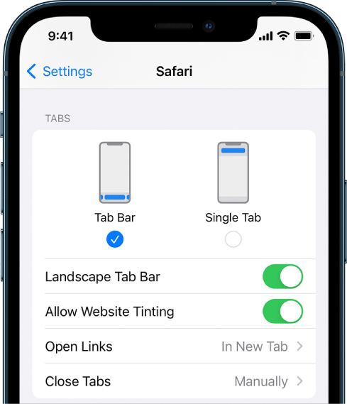 Екран, показващ опциите за изглед на Safari: Tab Bar (Лента с раздели) и Single Tab (Един раздел)