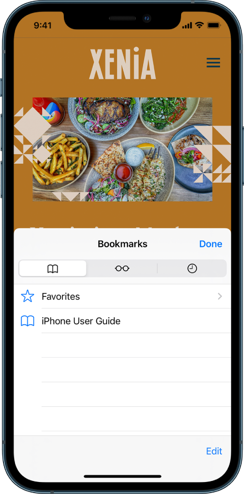 Екранът Bookmarks (Отметки) с опции да видите вашите любими и историята браузване заедно с отметките.