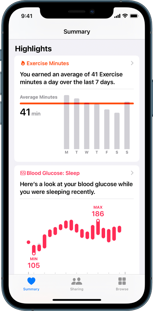 Екран Summary (Обобщение), показващ обобщения, които включват минути тренировка и глюкоза в кръвта по време на сън.
