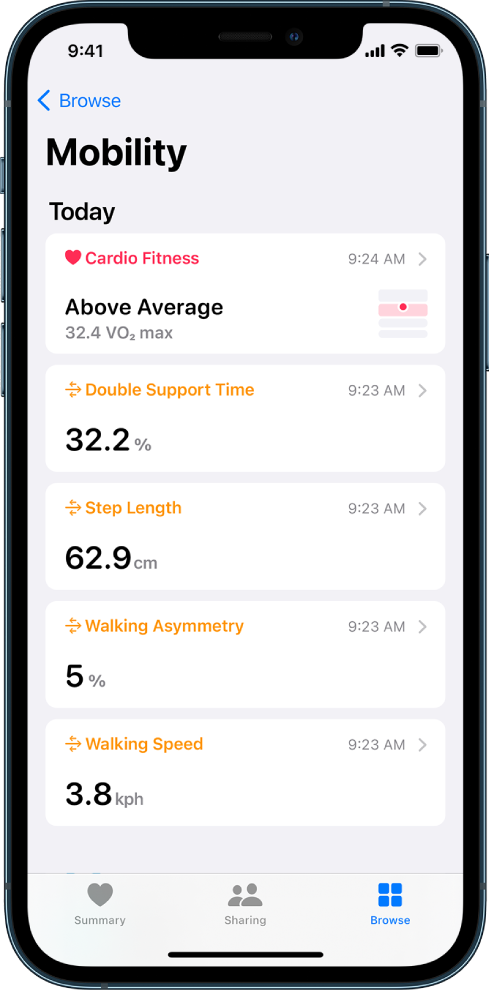 Категорията Mobility (Подвижност) с данни за кардио фитнес, време на двойно поддържане, продължителност на съня, асиметрия при ходене и скорост на ходене.