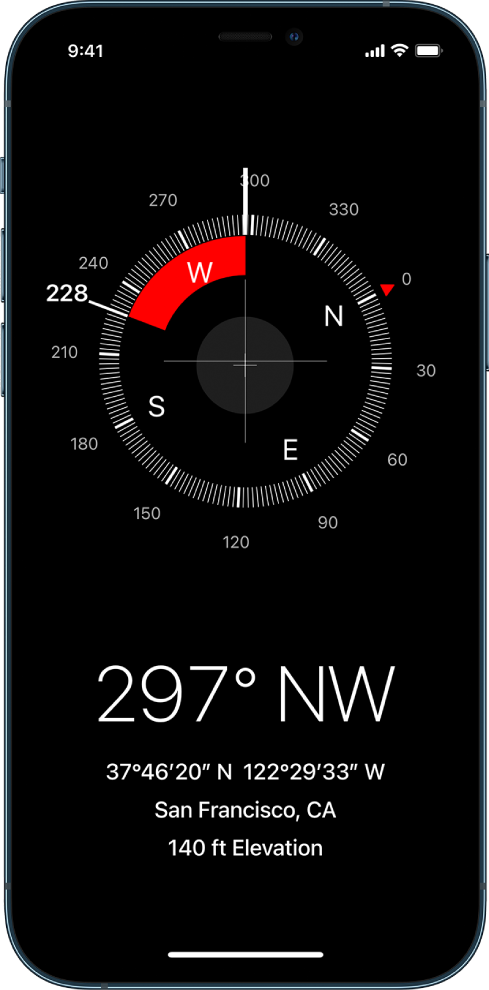Екран на приложението Compass (Компас), показващ посоката, в която сочи iPhone, вашето текущо местоположение и надморска височина.