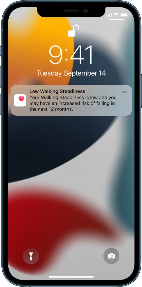 Заключен екран с известие Low Walking Steadiness (Влошена стабилност при ходене).