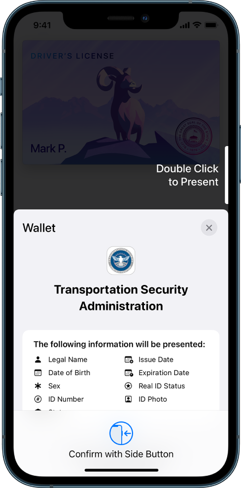 Екран, който показва информацията, която се изисква от пътната сигурност, включително официално име, дата на раждане, номер на документ за самоличност, снимка и други.