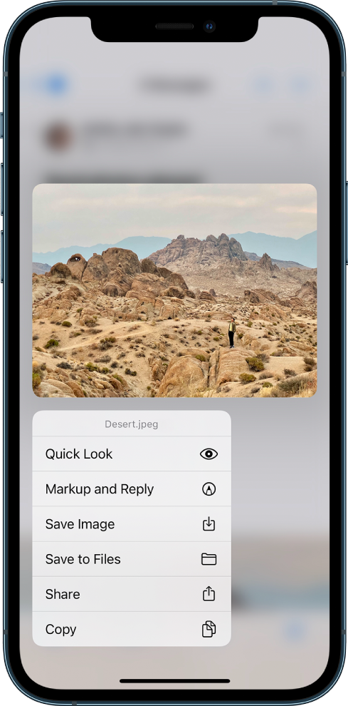 Избран е прикачен файл в електронно съобщение с изброени възможни действия. Опциите включват Quick Look (Бърз преглед), Markup and Reply (Украсяване и отговор), Save Image (Запиши изображение), Save to Files (Запиши във Файлове), Share (Споделяне) и Copy (Копиране).