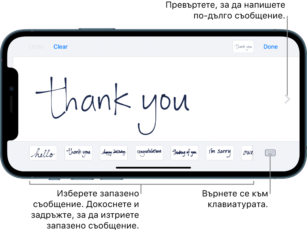 Екранът за ръкопис с едно ръкописно съобщение. В долния край, отляво надясно са запазените съобщения и бутонът Show Keyboard (Покажи клавиатура).