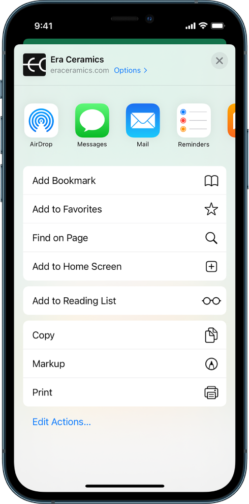 Менюто Share (Споделяне). В горния край са приложенията, които могат да се използват за споделяне на връзки. Отдолу има списък с други опции, включително Add Bookmark (Добави отметка), Add to Favorites (Добави към любими), Find on Page (Намери на страницата), Add to Home Screen (Добави в Начален екран) и Add to Reading List (Добави към списък за четене).