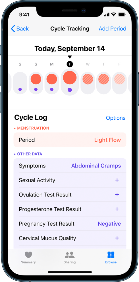 Екранът Cycle Tracking (Следене на цикъла) в приложението Health (Здраве).