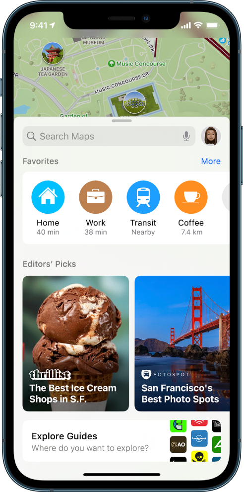 Бутонът Explore Guides (Разглеждане на пътеводители) в долния край на картичката за търсене.
