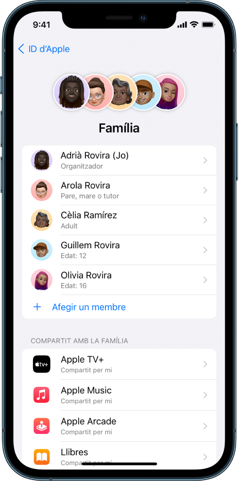 Pantalla “En família” a l’app Configuració. A la llista apareixen cinc membres de la família i estan compartint quatre subscripcions.