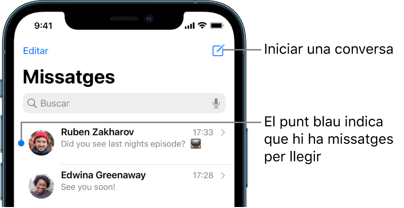 Llista Missatges, amb el botó Editar a l’angle superior esquerre i el botó Redactar a l’angle superior dret. Un punt blau a l’esquerra del missatge indica que no s’ha llegit.